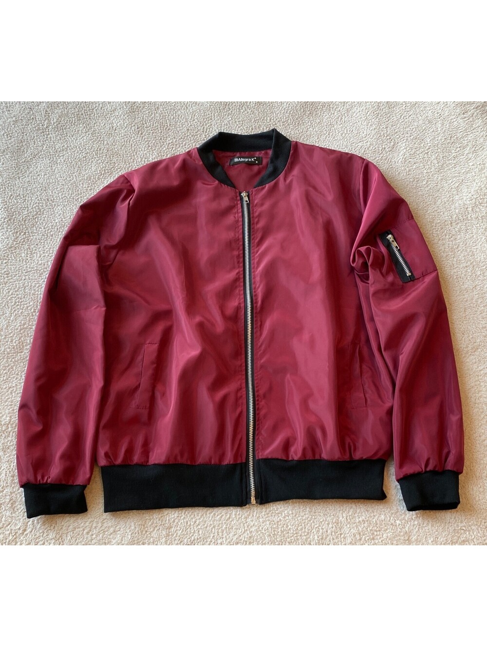 Allegra K Maroon Burgundy Wine Red Bomber Windbreaker Women's Medium Lightweight